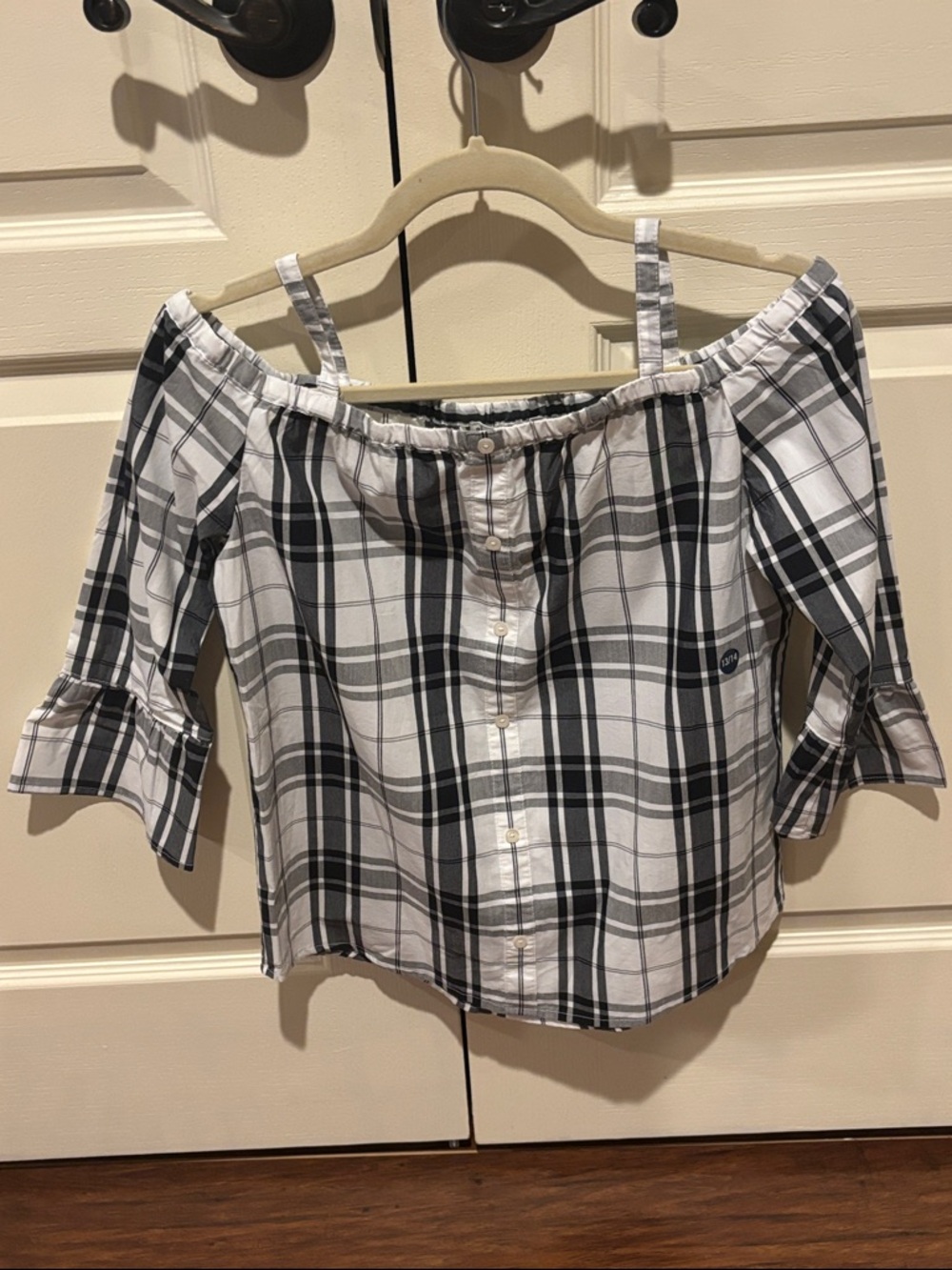 Abercrombie Kids Black and White Plaid Off-Shoulder Top